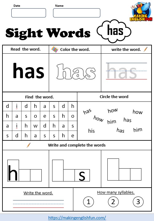 FREE Printable Grade 1 Sight Word Worksheet – “Has”