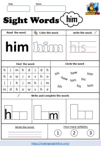 FREE Printable Grade 1 Dolch Sight Word Worksheet – “Him”Making English Fun