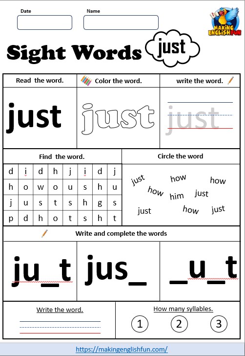 FREE Printable Grade 1 Sight Word Worksheet – “Just”