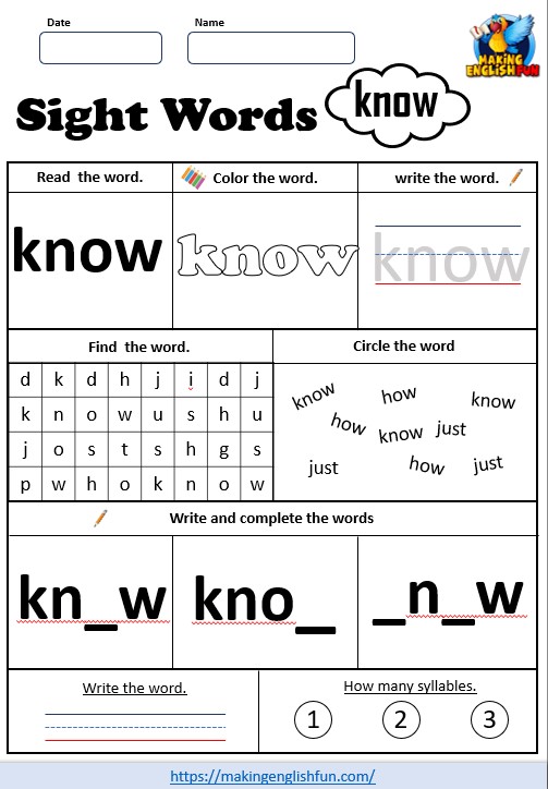 FREE Printable Grade 1 Sight Word Worksheet – “Know”