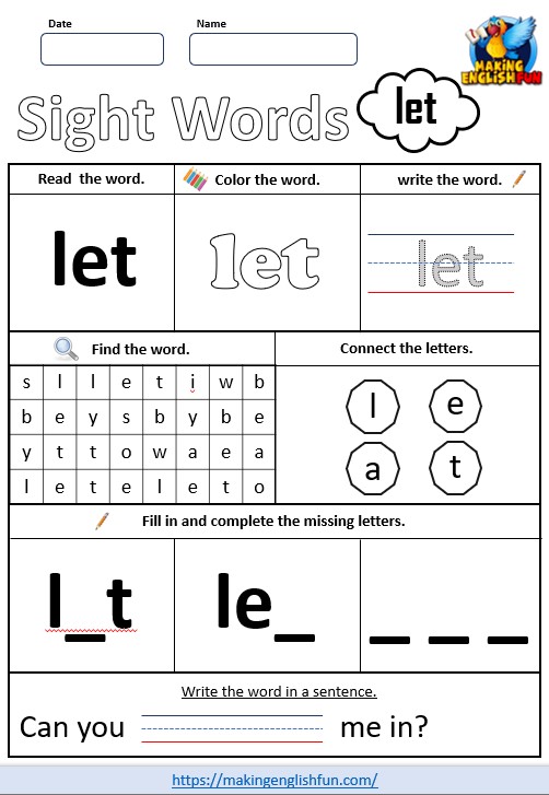 FREE Printable Grade 1 Sight Word Worksheet – “Let”