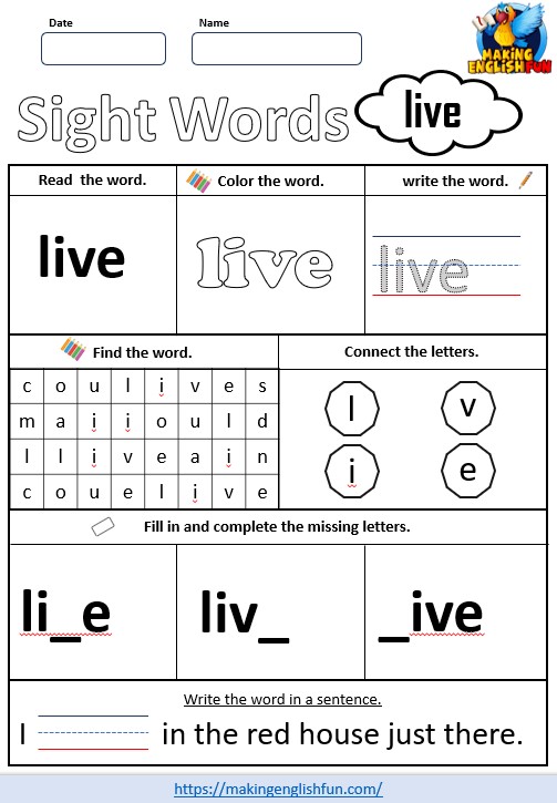 FREE Printable Grade 1 Sight Word Worksheet – “Live”