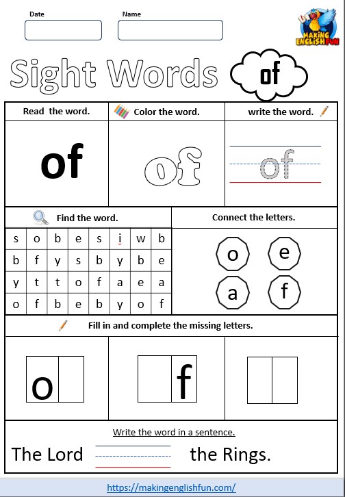 FREE Printable Grade 1 Sight Word Worksheet – “Of”