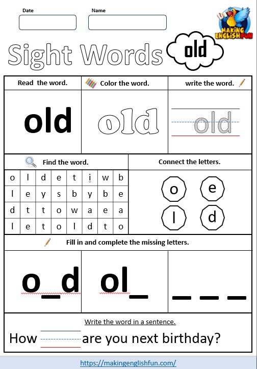 FREE Printable Grade 1 Sight Word Worksheet – “Old”