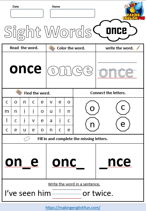 FREE Printable Grade 1 Sight Word Worksheet – “Once”