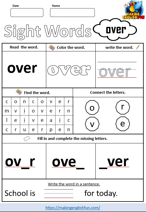 FREE Printable Grade 1 Sight Word Worksheet – “Over”