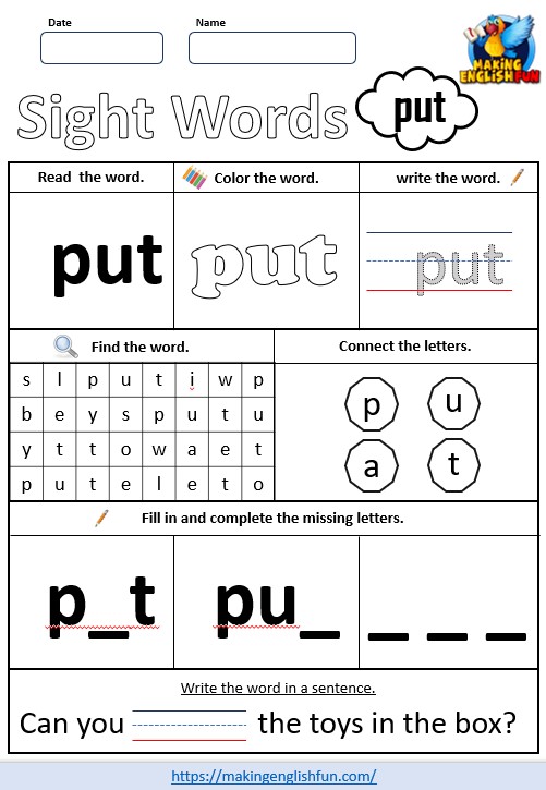 FREE Printable Grade 1 Sight Word Worksheet – “Put”