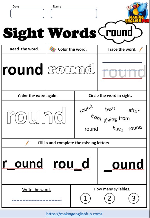 FREE Printable Grade 1 Sight Word Worksheet – “Round”