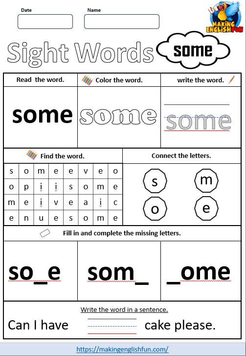 FREE Printable Grade 1 Sight Word Worksheet – “Some”