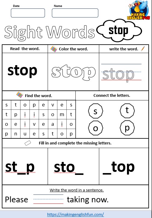 FREE Printable Grade 1 Sight Word Worksheet – “Stop”