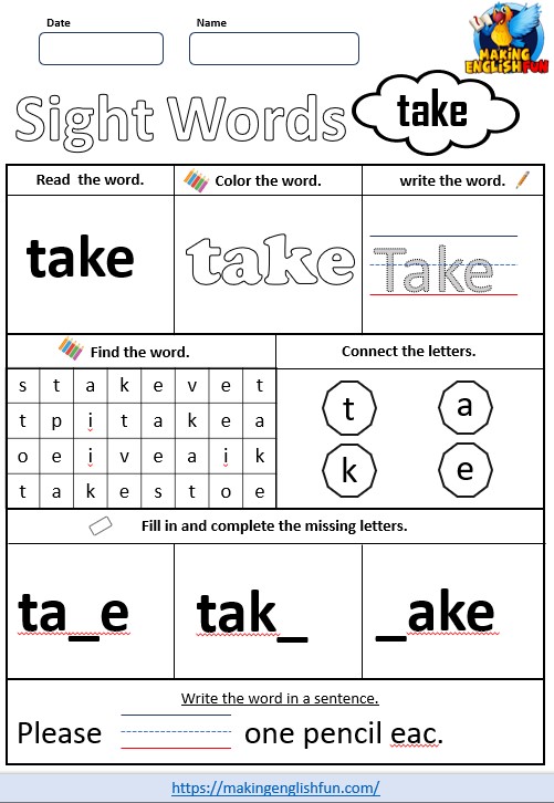FREE Printable Grade 1 Sight Word Worksheet – “Take”Making English Fun