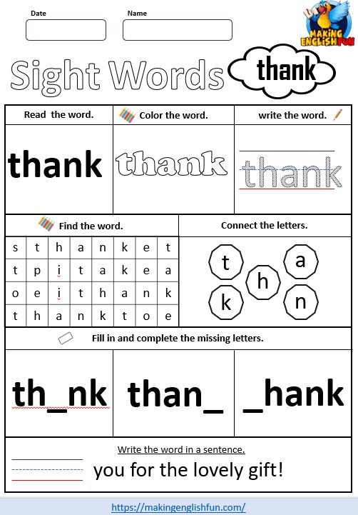 FREE Printable Grade 1 Sight Word Worksheet – “Thank”