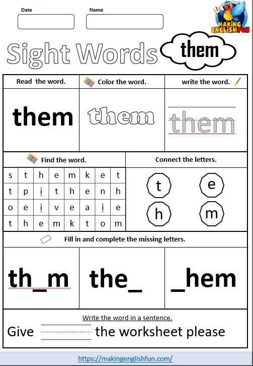 FREE Printable Grade 1 Sight Word Worksheet – “Them”