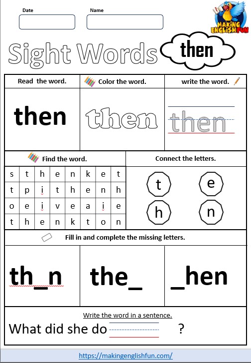 FREE Printable Grade 1 Sight Word Worksheet – “Then”