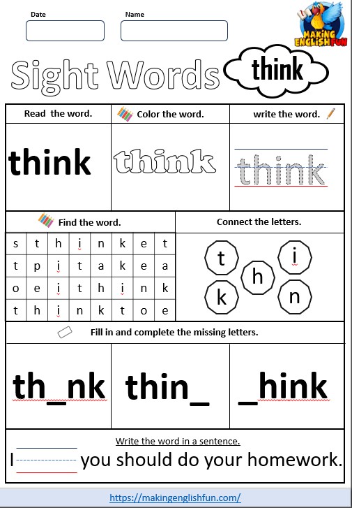 FREE Printable Grade 1 Sight Word Worksheet – “Think”