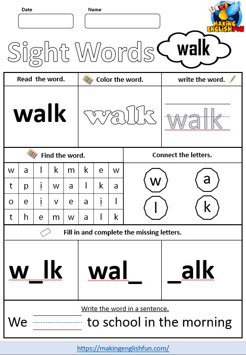 FREE Printable Grade 1 Sight Word Worksheet – “Walk”
