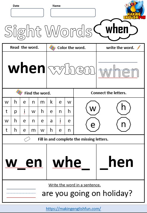FREE Printable Grade 1 Sight Word Worksheet – “When”