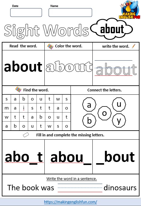 FREE Printable Grade 3 Dolch Sight Word Worksheets – “about”