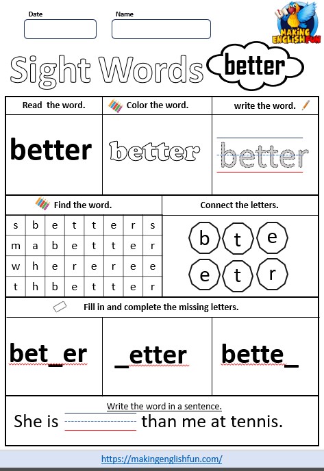 FREE Printable Grade 3 Dolch Sight Word Worksheets – “better”