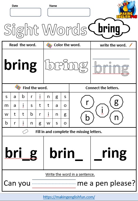 FREE Printable Grade 3 Dolch Sight Word Worksheet – “Bring”