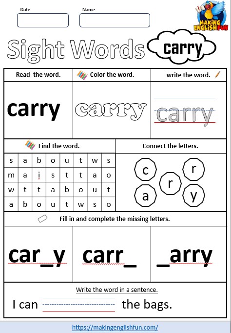 FREE Printable Grade 3 Dolch Sight Word Worksheet – “Carry”