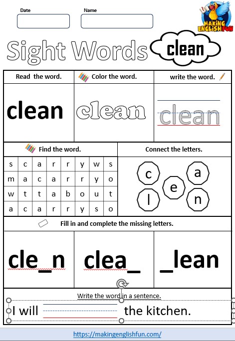 FREE Printable Grade 3 Dolch Sight Word Worksheet – “Clean”