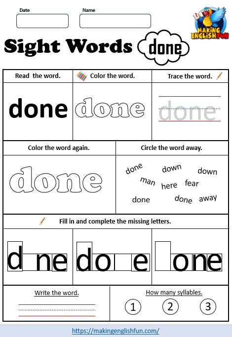FREE Printable Grade 3 Dolch Sight Word Worksheet – “Done”