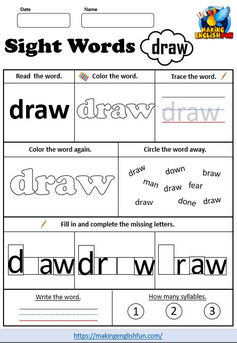 FREE Printable Grade 3 Dolch Sight Word Worksheet – “Draw”