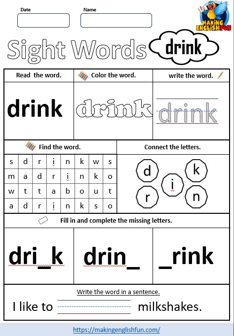 FREE Printable Grade 3 Dolch Sight Word Worksheet – “Drink”