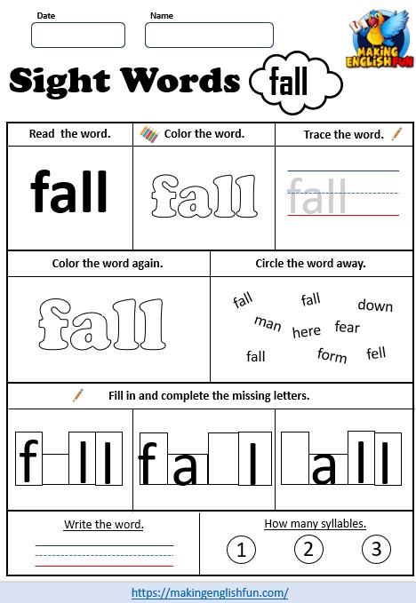 FREE Printable Grade 3 Dolch Sight Word Worksheet – “Fall”
