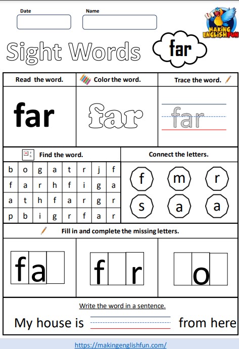 FREE Printable Grade 3 Dolch Sight Word Worksheet – “Far”