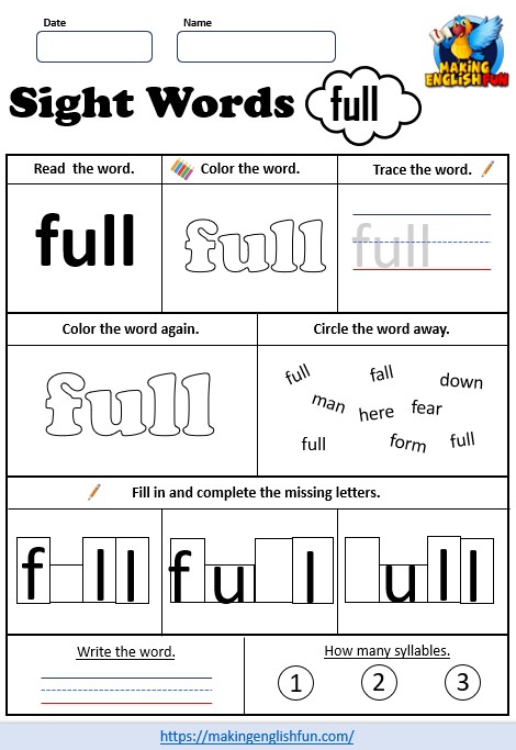 FREE Printable Grade 3 Dolch Sight Word Worksheet – “Full”