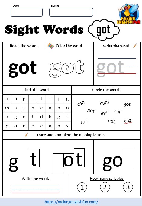 FREE Printable Grade 3 Dolch Sight Word Worksheet – “Got”