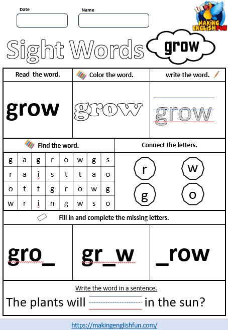 FREE Printable Grade 3 Dolch Sight Word Worksheet – “Grow”