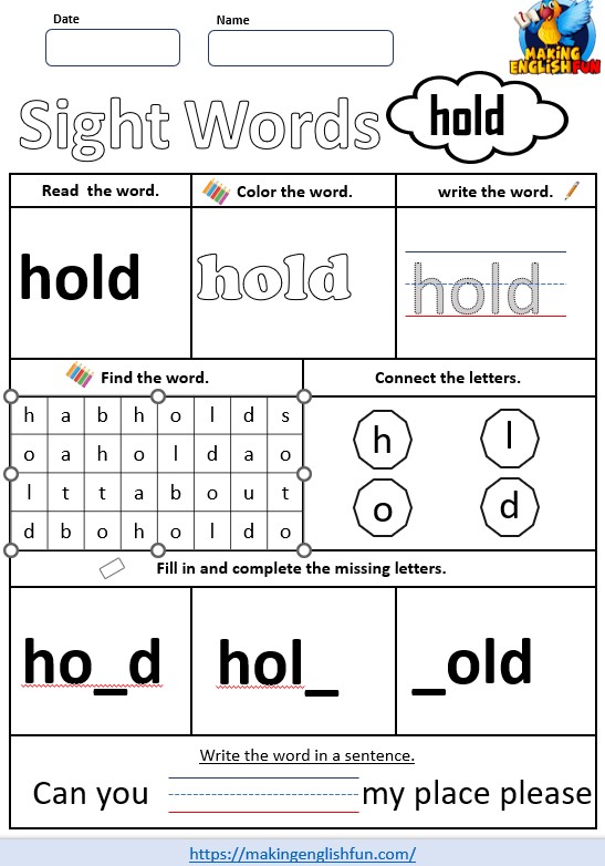 FREE Printable Grade 3 Dolch Sight Word Worksheet – “Hold”