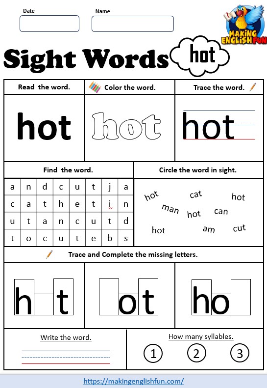 FREE Printable Grade 3 Dolch Sight Word Worksheet – “Hot”