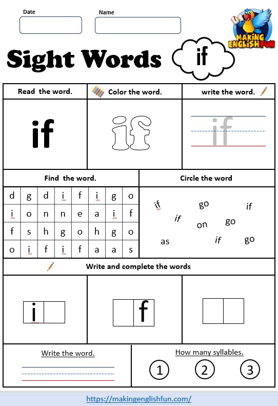 FREE Printable Grade 3 Dolch Sight Word Worksheet – “If”