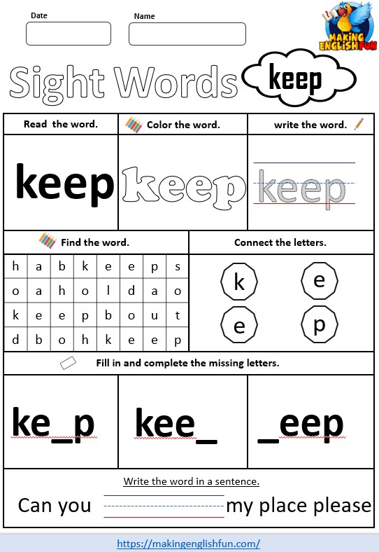 FREE Printable Grade 3 Dolch Sight Word Worksheet – “Keep”