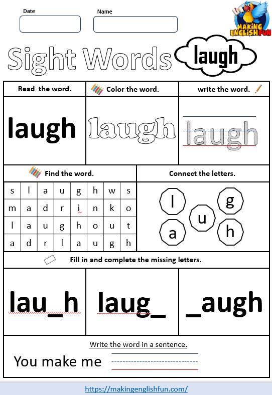 FREE Printable Grade 3 Dolch Sight Word Worksheet – “Laugh”