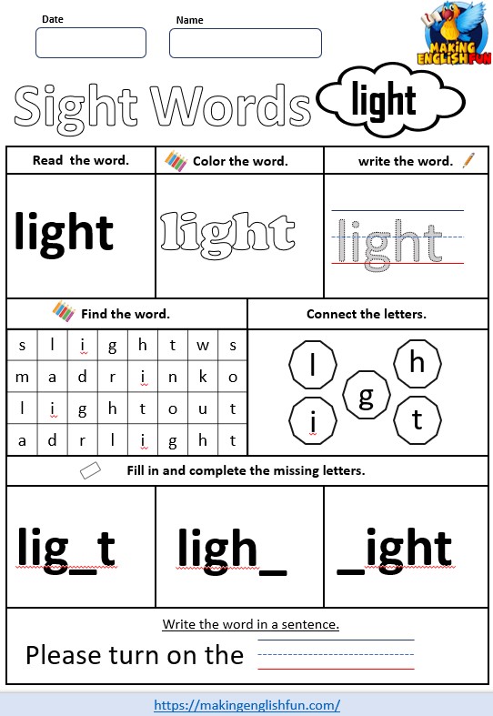 FREE Printable Grade 3 Dolch Sight Word Worksheet – “Light”