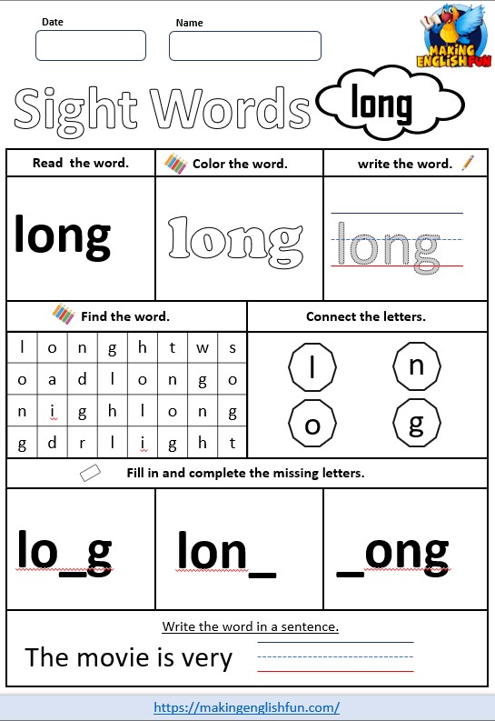 FREE Printable Grade 3 Dolch Sight Word Worksheet – “Long”