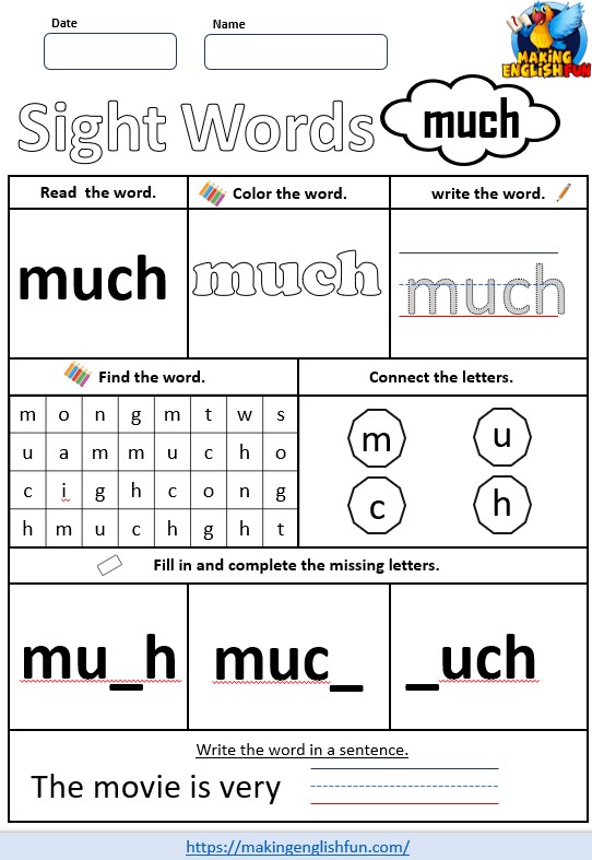FREE Printable Grade 3 Dolch Sight Word Worksheet – “Much”