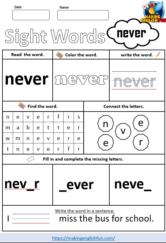 FREE Printable Grade 3 Dolch Sight Word Worksheet – “Never”