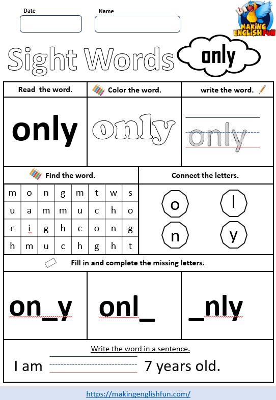 FREE Printable Grade 3 Dolch Sight Word Worksheet – “Only”