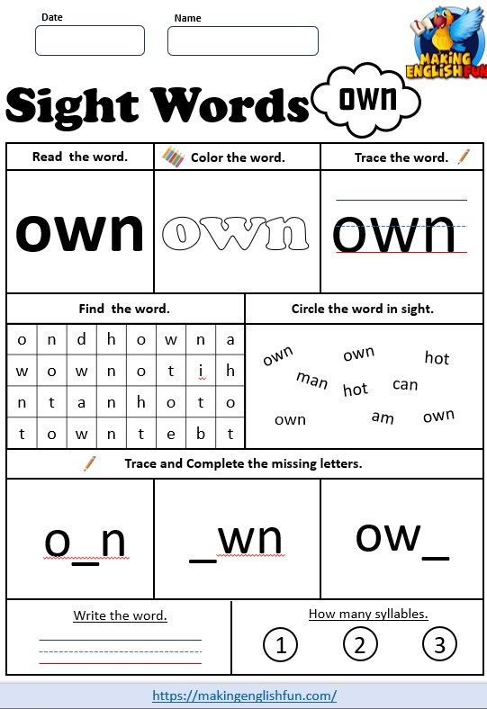 FREE Printable Grade 3 Dolch Sight Word Worksheet – “Own”
