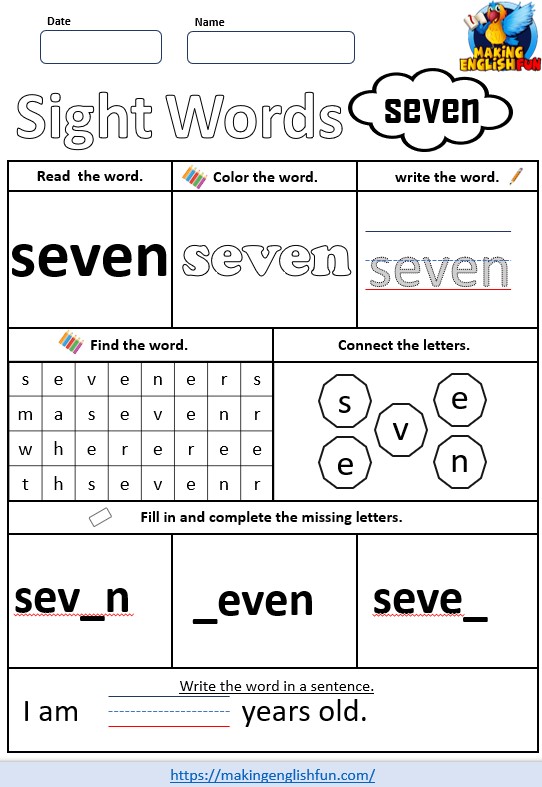FREE Printable Grade 3 Dolch Sight Word Worksheet – “Seven”