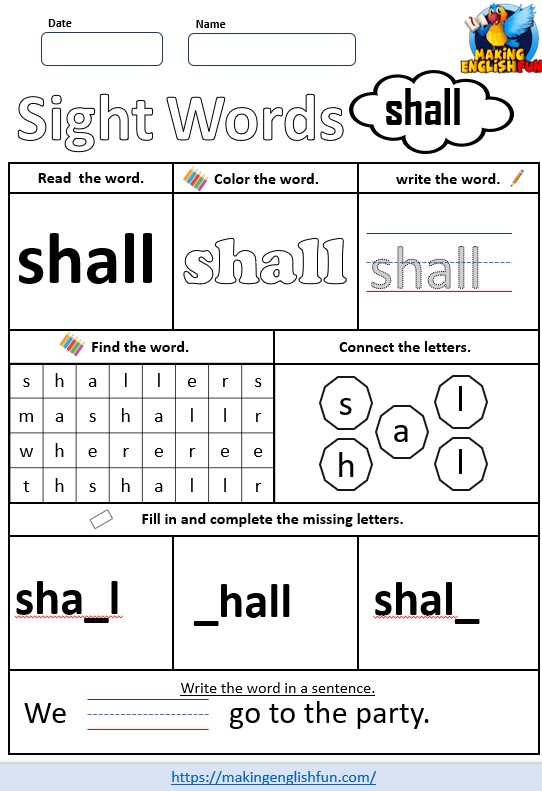 FREE Printable Grade 3 Dolch Sight Word Worksheet – “Shall”