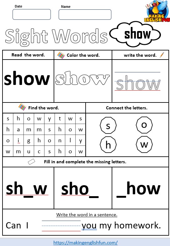 FREE Printable Grade 3 Dolch Sight Word Worksheet – “Show”