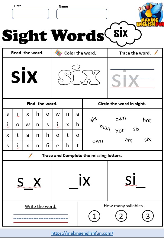 FREE Printable Grade 3 Dolch Sight Word Worksheet – “Six”