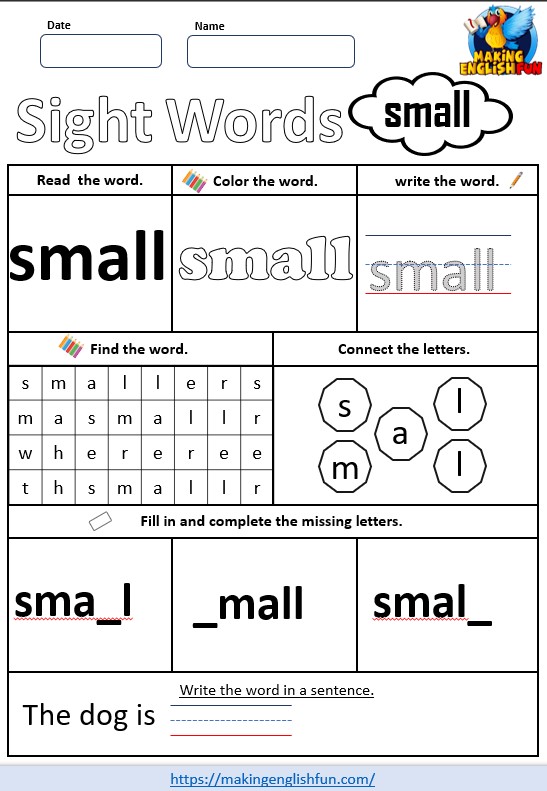 FREE Printable Grade 3 Dolch Sight Word Worksheet – “Small”